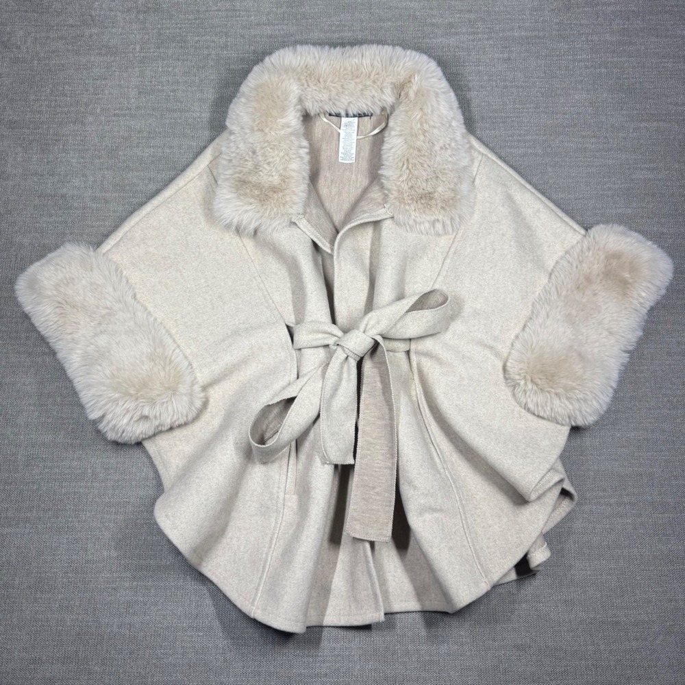 BCBGMAXAZRIA Faux Fur Belted Topper Coat Natural Cream Cape Wrap Super Soft NWOT
